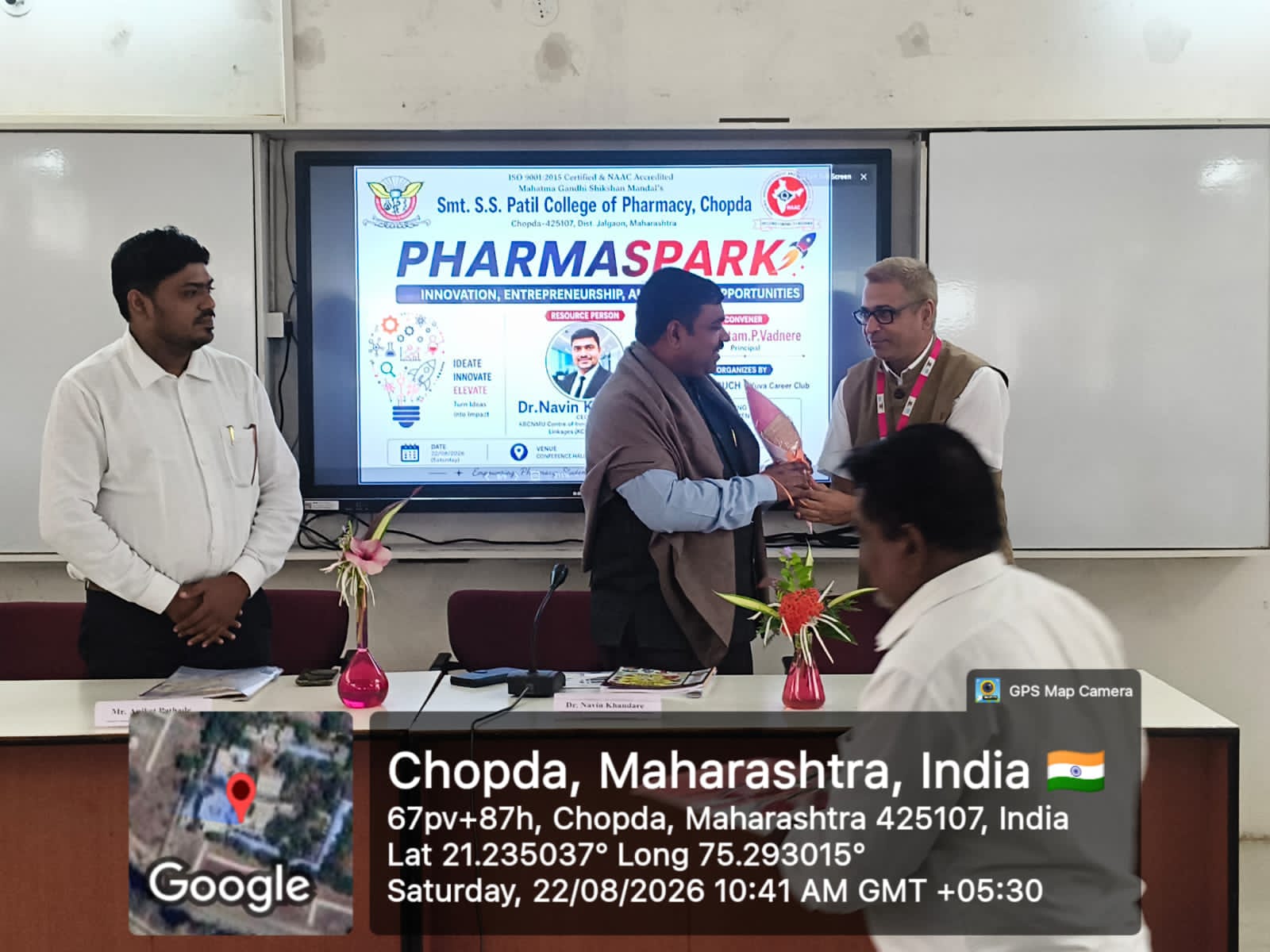 The PHARMA SPARK program on Innovation, Entrepreneurship, and Startup Opportunities was successfully conducted on 22/08/2026 at the Conference Hall, Smt. S.S. Patil College of Pharmacy, Chopda. Organi